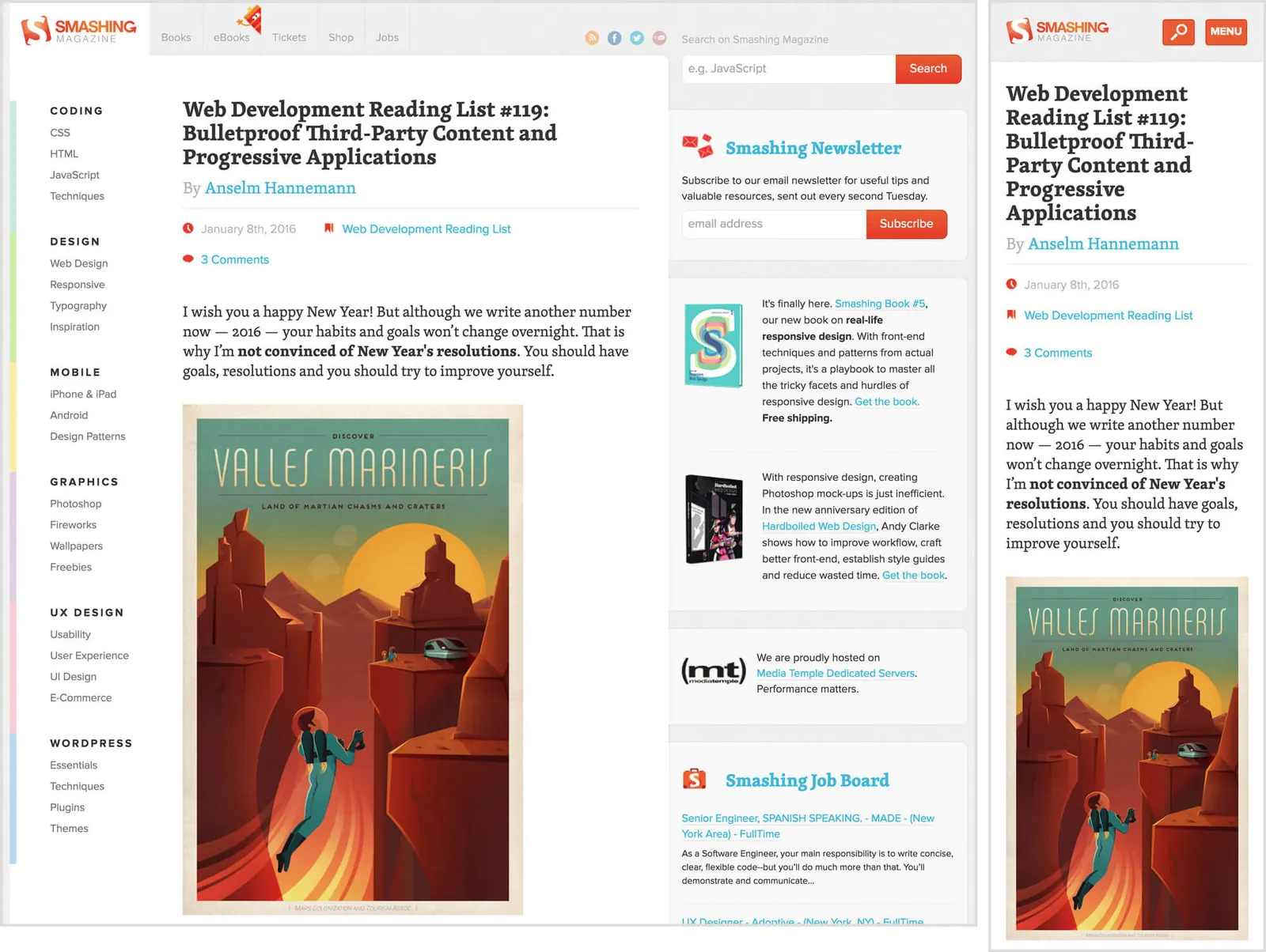 Smashing-Magazine-Artikelseite in Desktop- und Mobil-Ansicht: Web Development Reading List #119 von Anselm Hannemann, Januar 2016