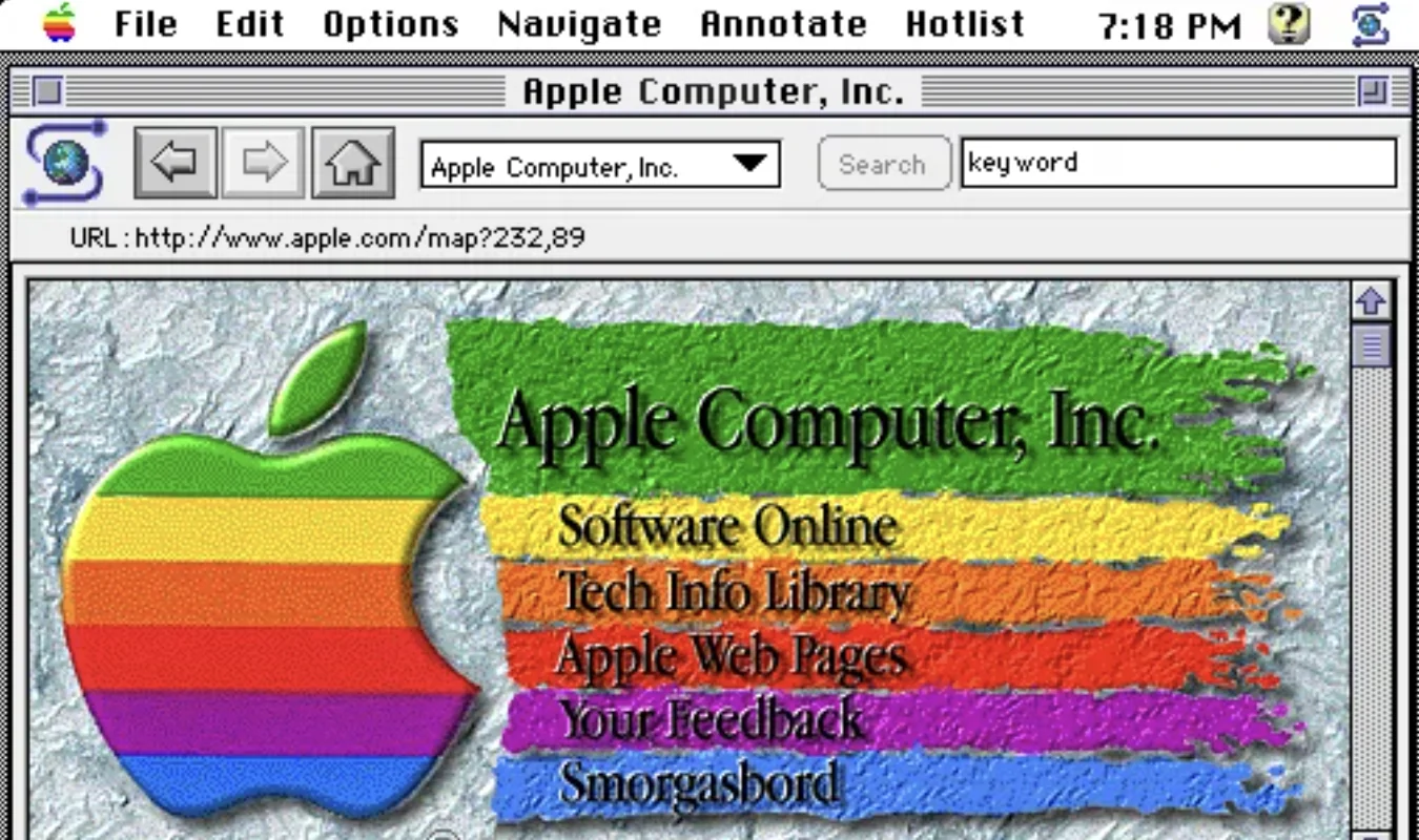 Screenshot der Apple-Computer-Website aus den 1990ern in einem alten Macintosh-Browser, mit dem Regenbogen-Apple-Logo und Navigation in Pinselstrich-Optik