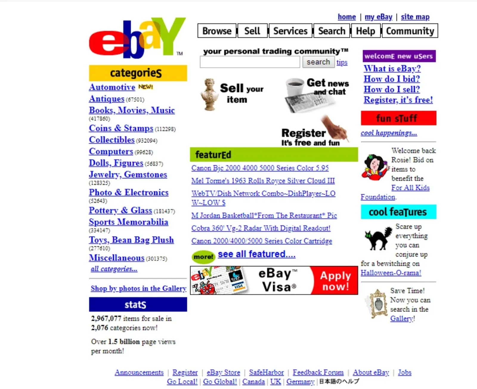 Screenshot der eBay-Startseite aus den späten 1990ern mit dem bunten Logo, einer langen Liste von Kategorie-Links und dichtem Layout aus blauen Links