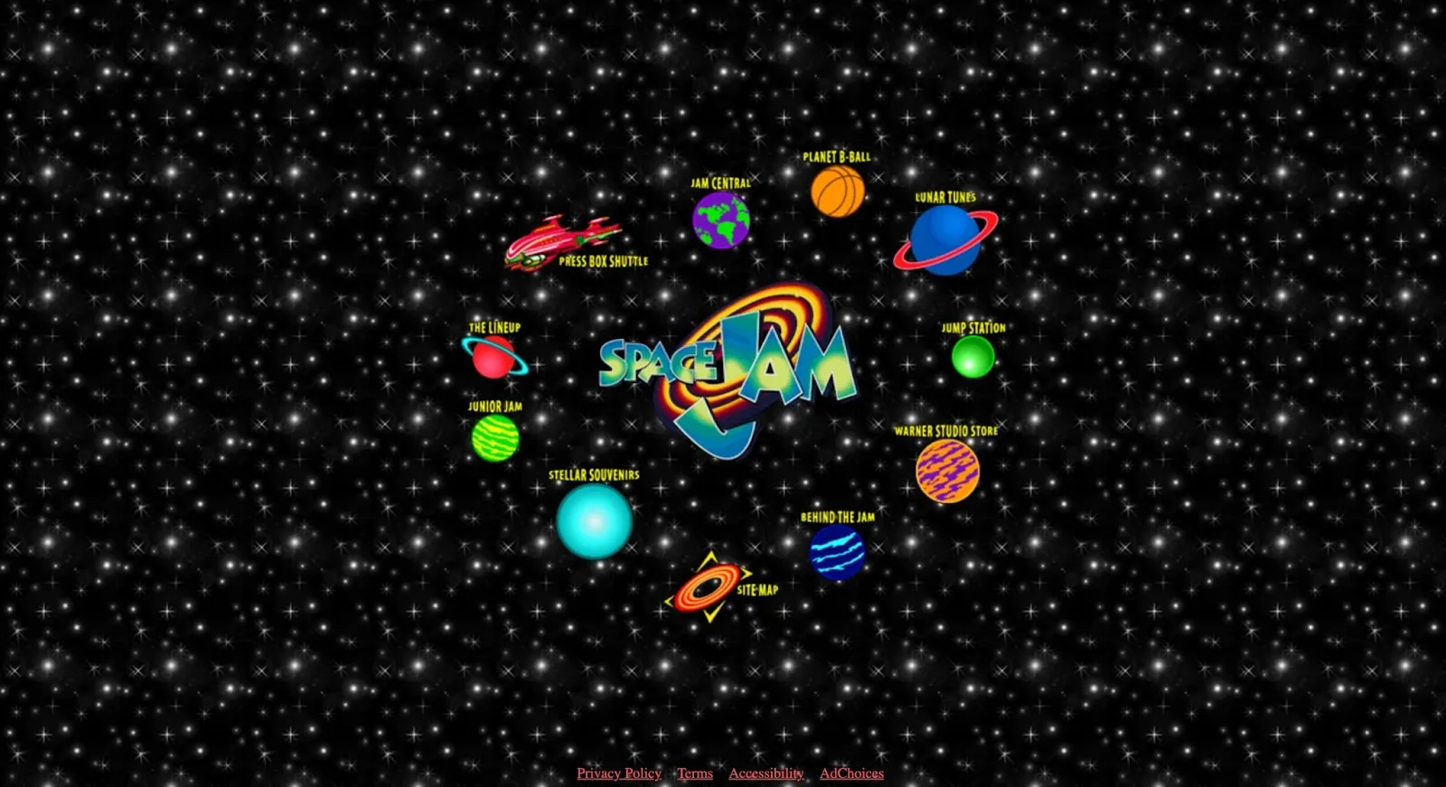 Screenshot der Space-Jam-Website von 1996: Planeten als Navigations-Links auf schwarzem Sternenhimmel rund um das Space-Jam-Logo